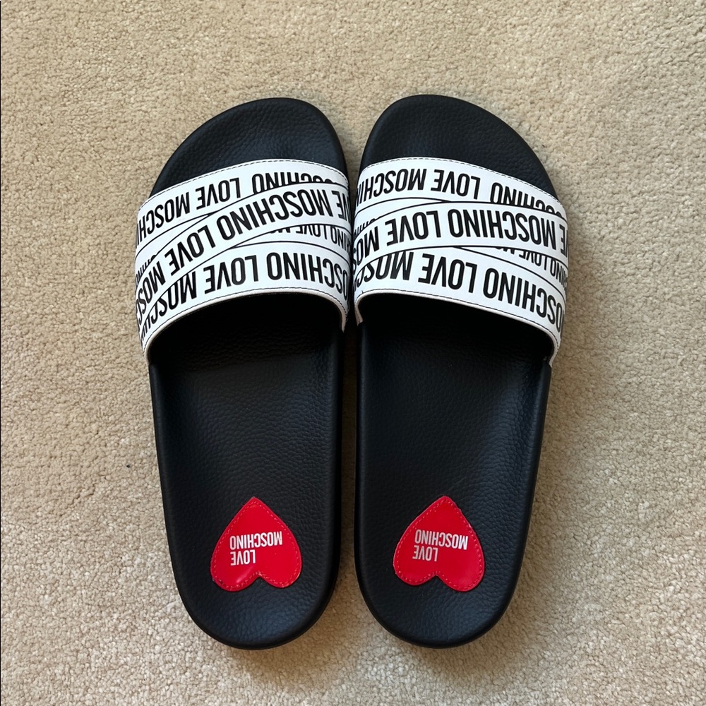 NWOT Love Moschino Black Slides with White Straps